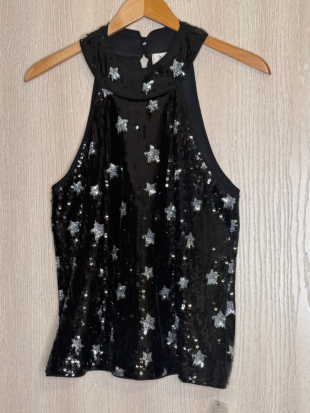 Material Girl Black and Silver “Lrt’s Sparkle” Sequin Star Halter Tank